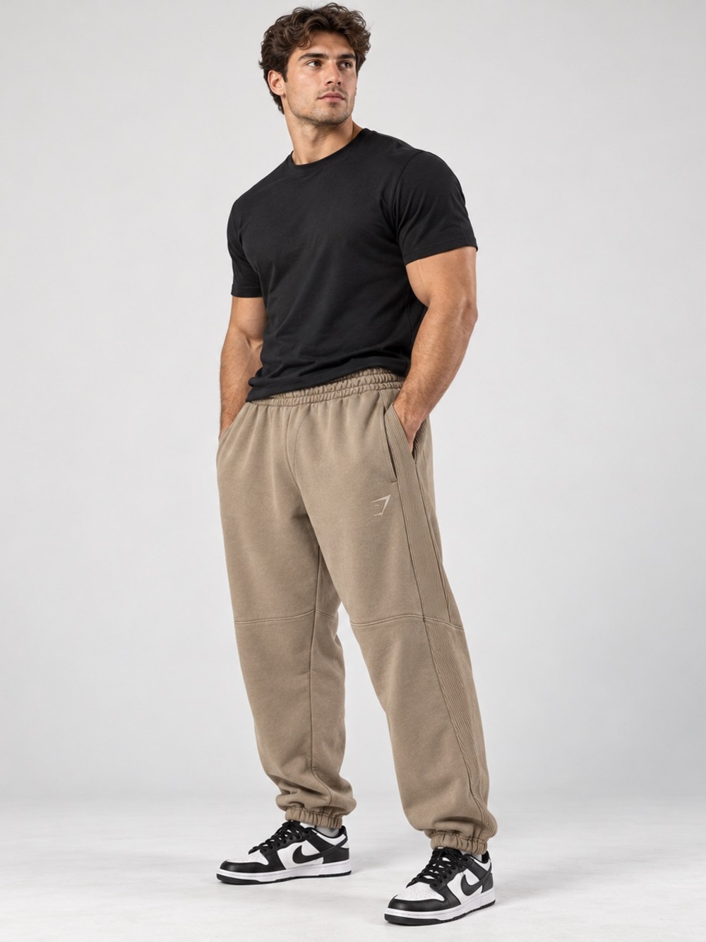 Gymshark Men’s Power Washed Joggers XL Cement Brown Ribbed Panel